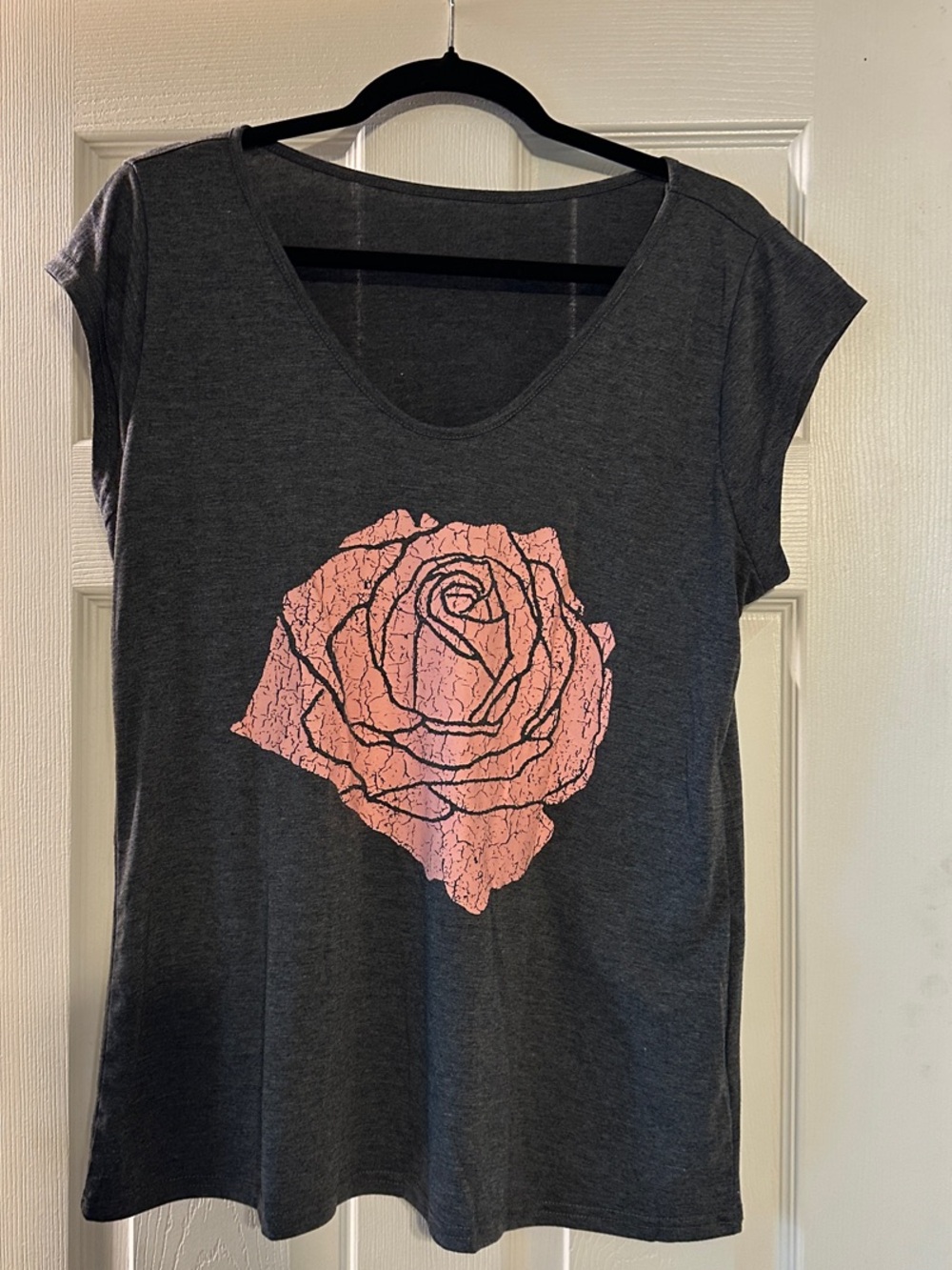 Charcoal Scoop Neck Tee with Pink Rose Graphic